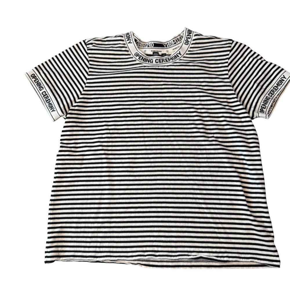 Opening Ceremony Women T-Shirt S Black Striped Logo Trim Streetwear Urban Skater